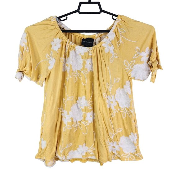 Women's Yellow Floral Liv Los Angeles Blouse Top Embroidered Short Sleeve Size L - Picture 1 of 10